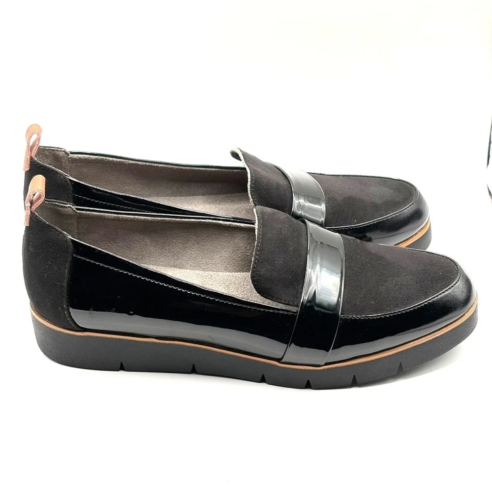 Dr Scholls Watson Womens 8M Black Patent Suede Platform Loafers Lug Sole Shoes‎